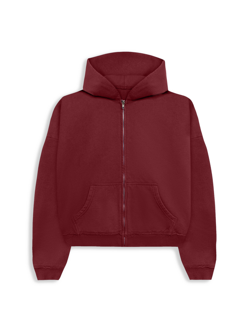 BURGUNDY DISTRESSED CROP ZIP HOODIE